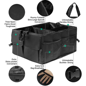 Black car trunk organizer with features highlighted on a white background