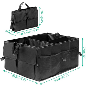 Black car trunk organizer with dimensions on a white background
