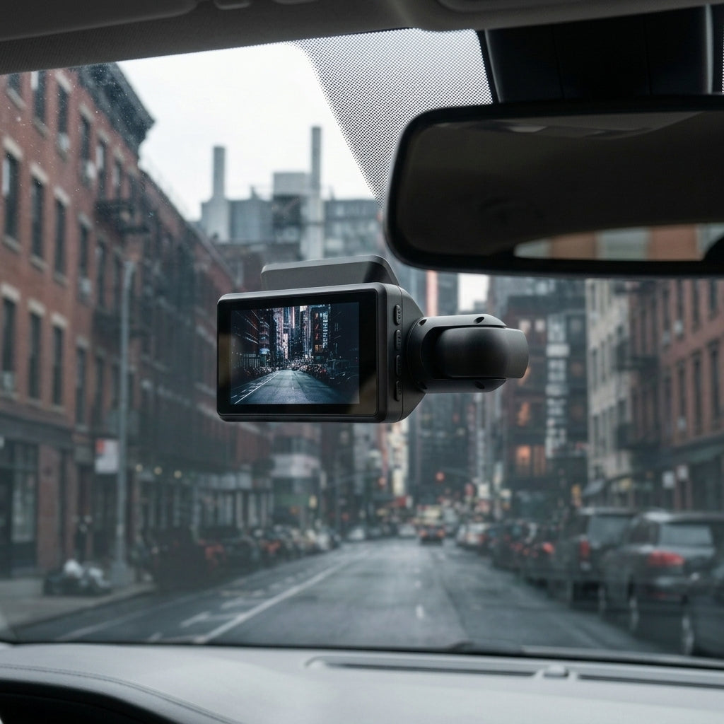 Car dashboard with a dashcam capturing a city street scene.