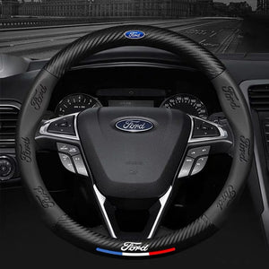 Steering wheel with Ford logo in a car interior