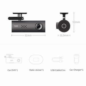 Dimensions and included items of a car DVR system on a white background