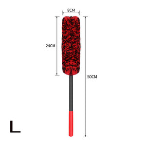 Red and black cleaning brush with measurements on a white background