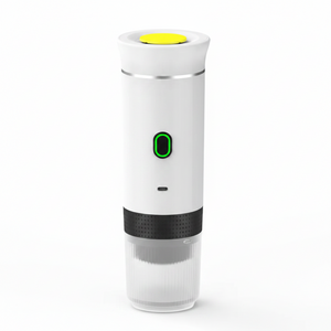 White electronic device with a black band and green indicator light on a white background