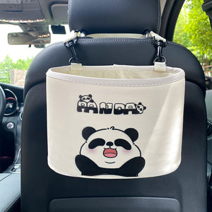 Car organizer with panda design hanging from a car's headrest.
