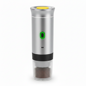 Silver and black electric wine opener with a green power indicator on a white background