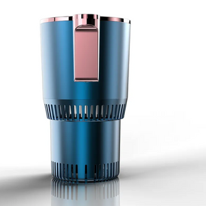 Blue cylindrical device with a pink rectangular component on a white background