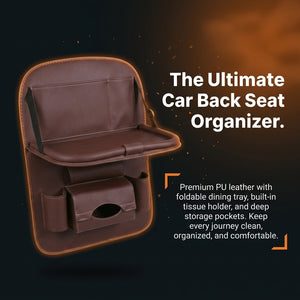 Brown car back seat organizer with text on a dark background
