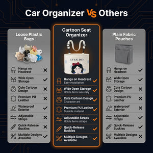 Comparison chart of a cartoon seat organizer with loose plastic bags and plain fabric pouches on a dark background.