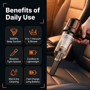 Car vacuum cleaner being used on a car seat with text highlighting its benefits.