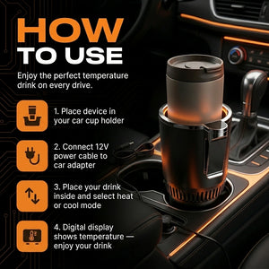 Car cup holder with a drink warmer and instructions on how to use it.