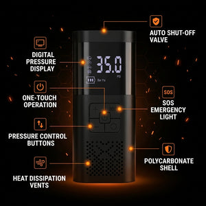 Black digital pressure gauge with features highlighted on a dark background