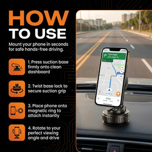 Car phone mount with step-by-step instructions on how to use it, displayed on a road background.