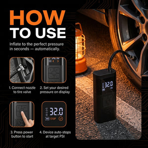 Digital tire inflator with instructions on how to use it, shown next to a car tire.