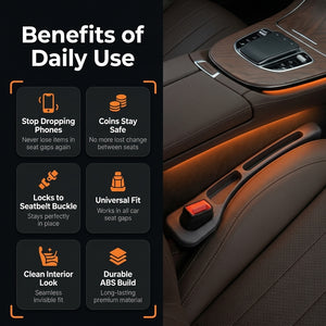 Car seat organizer with benefits listed on a dark background