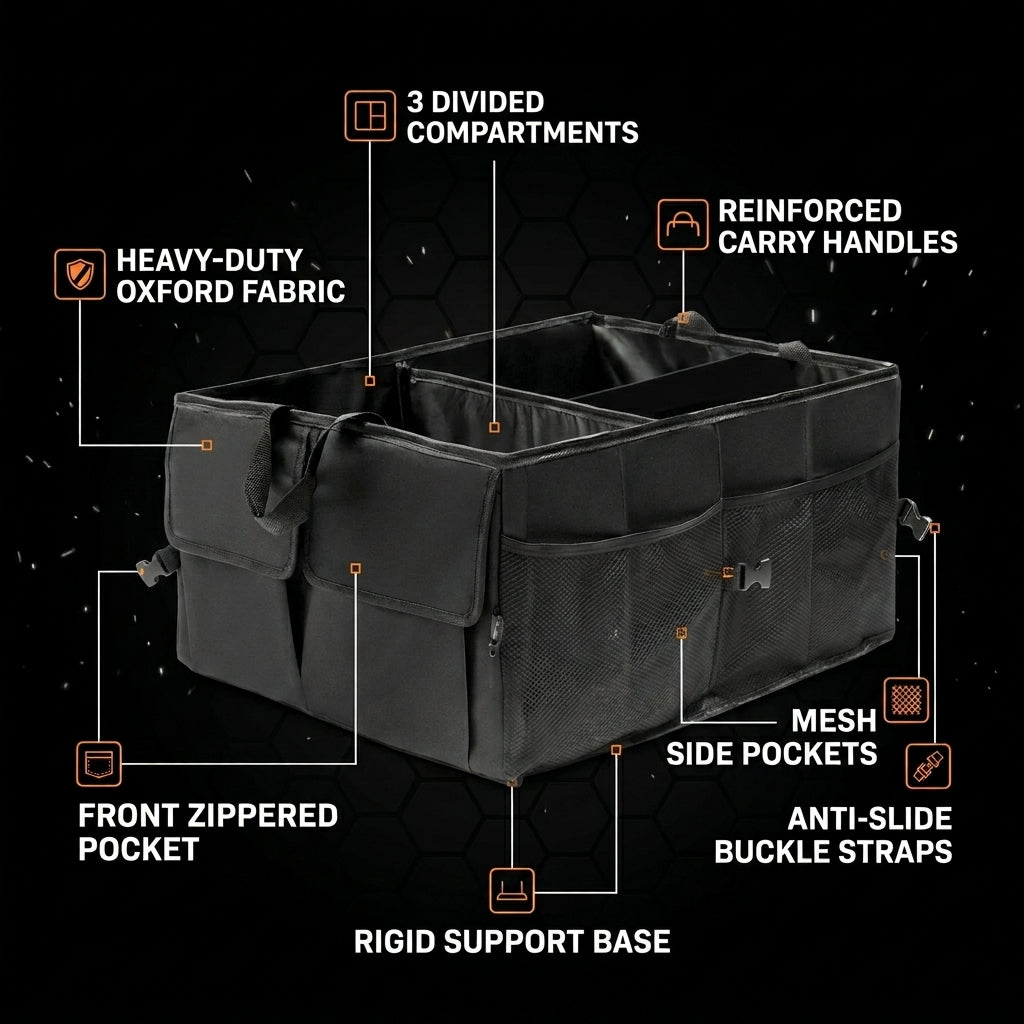 Black car trunk organizer with features highlighted on a black background