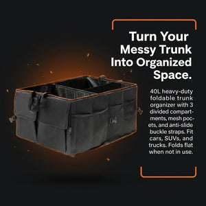 Black trunk organizer with text on a dark background