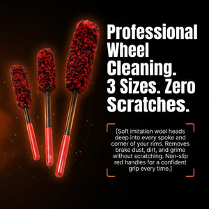 Three red and black wheel cleaning tools with text on a dark background