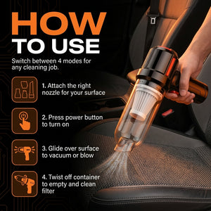 Handheld vacuum cleaner being used on a car seat with instructions on how to use it.