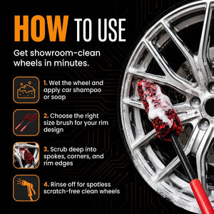 Instructions on how to clean car wheels with a brush, shown on a black background.