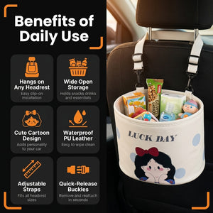 Car headrest organizer with cartoon design, filled with snacks and drinks, on a car seat.