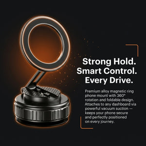 Magnetic phone mount with text on a dark background