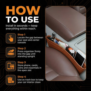 Car organizer with usage instructions on a black background