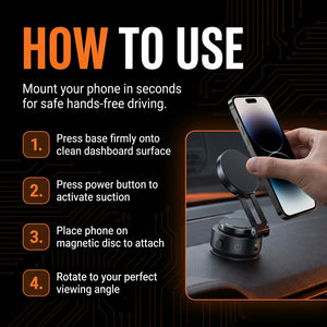 Instructions on how to use a car phone mount with a hand placing a phone onto it.