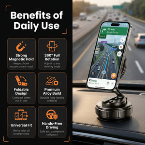 Phone holder with navigation app on a car dashboard, showing benefits on the left.