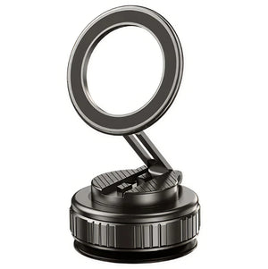 Black ring light with adjustable stand on a white background
