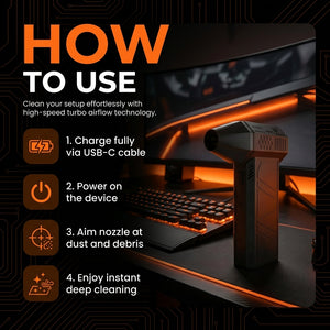 Cleaning device for computer setup with USB-C cable and power on instructions.