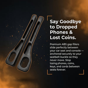 Two black car seat gap fillers with promotional text on a dark background