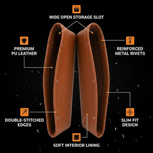Brown leather product with features labeled on a black background