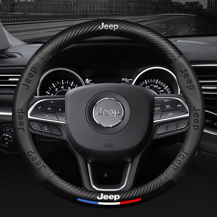 Steering wheel with Jeep logo in a car interior