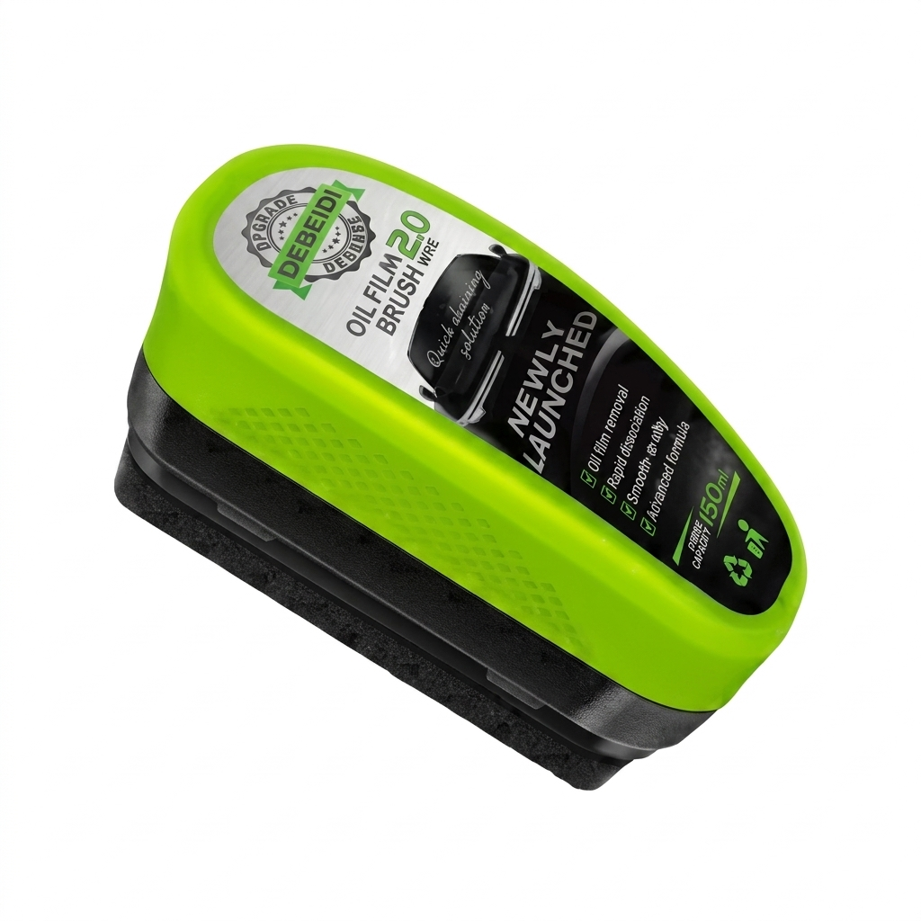 Green and black oil film brush with branding on a white background
