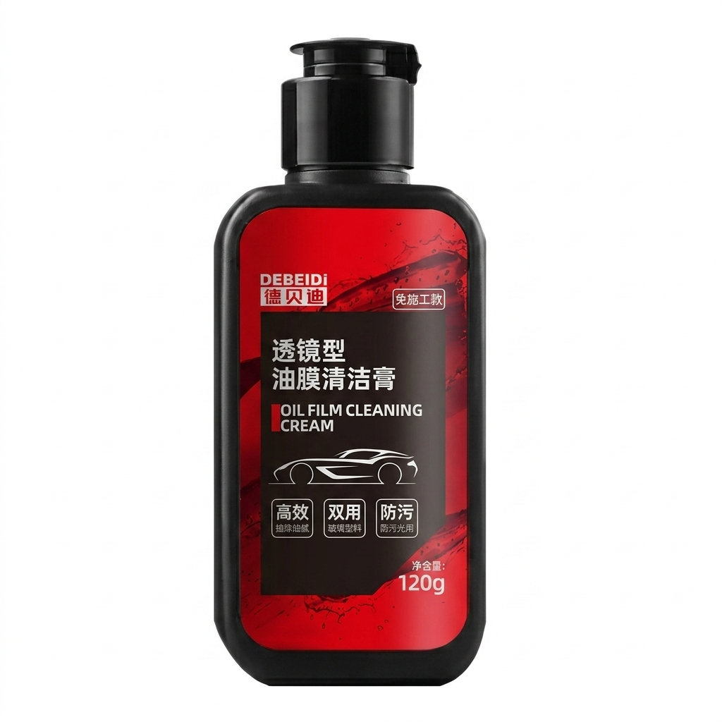 Red and black bottle of oil film cleaning cream with visible branding on a white background