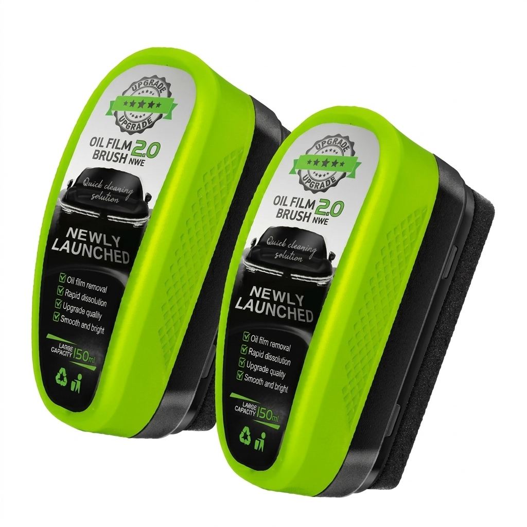 Two green and black car cleaning tools with labels on a white background