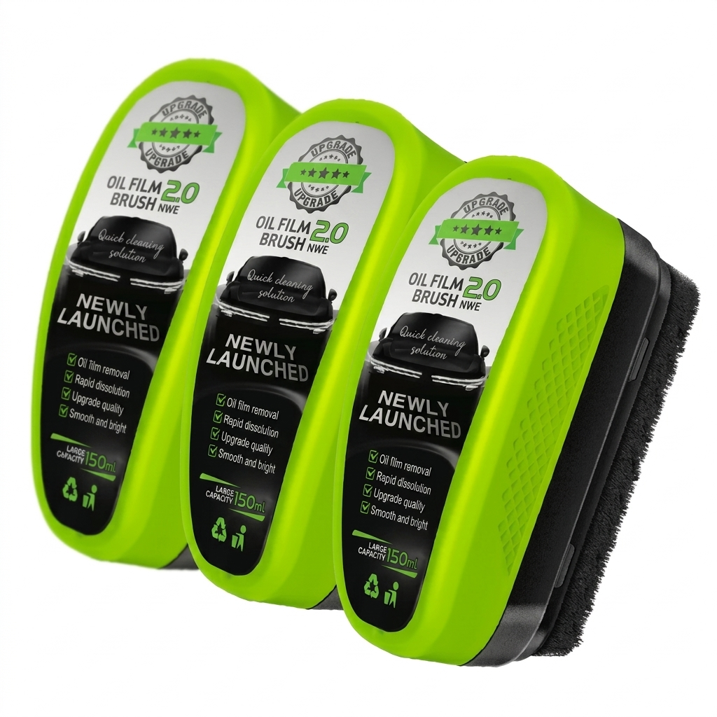 Three oil film brush packages with green handles on a white background
