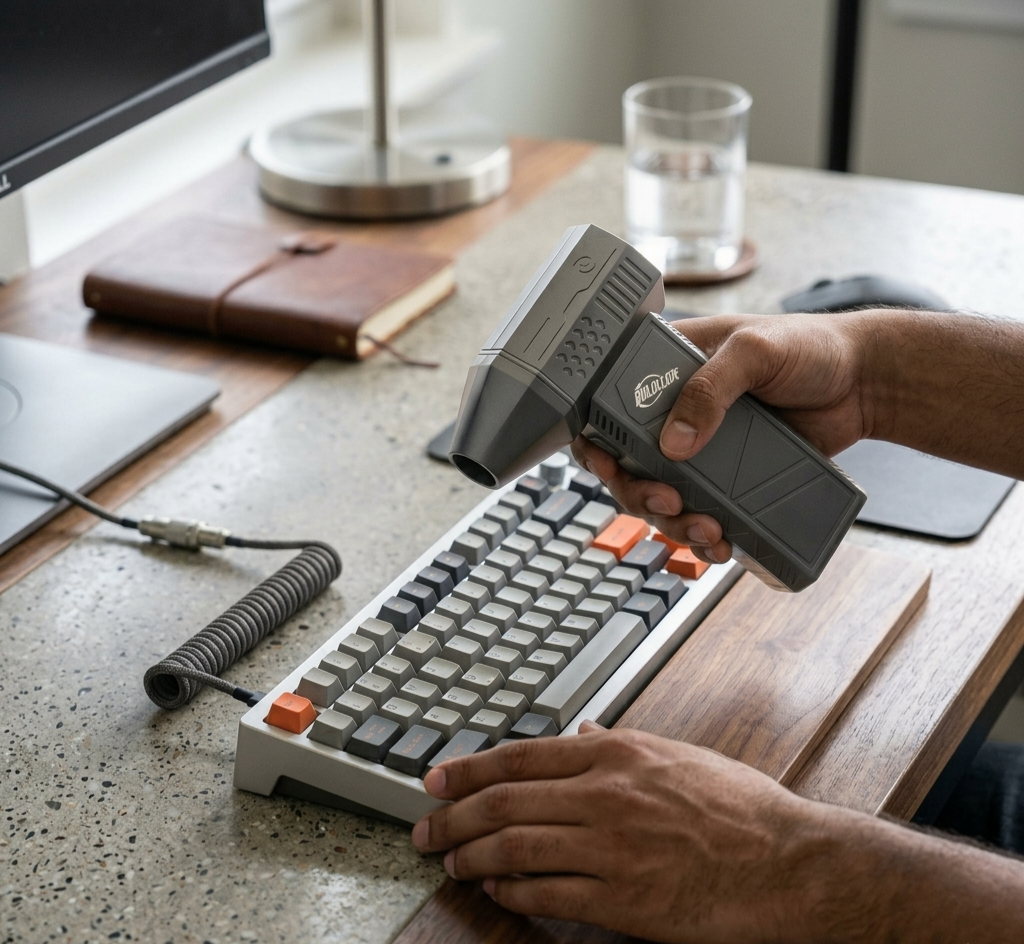 Person using a keyboard cleaning tool on a mechanical keyboard at a desk.