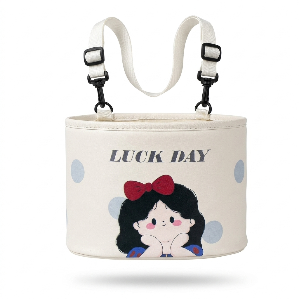 Small bucket bag with cartoon character and 'Luck Day' text on a white background