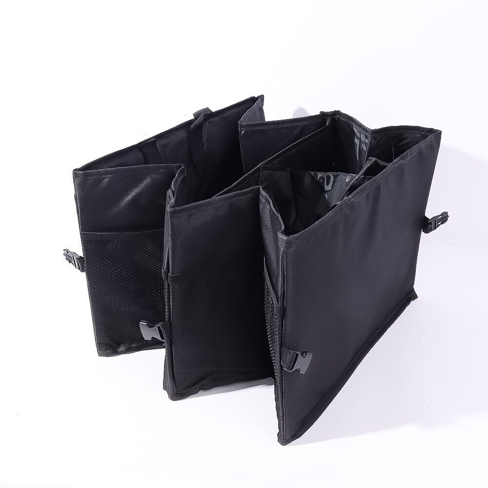 Black car organizer with multiple compartments on a white background
