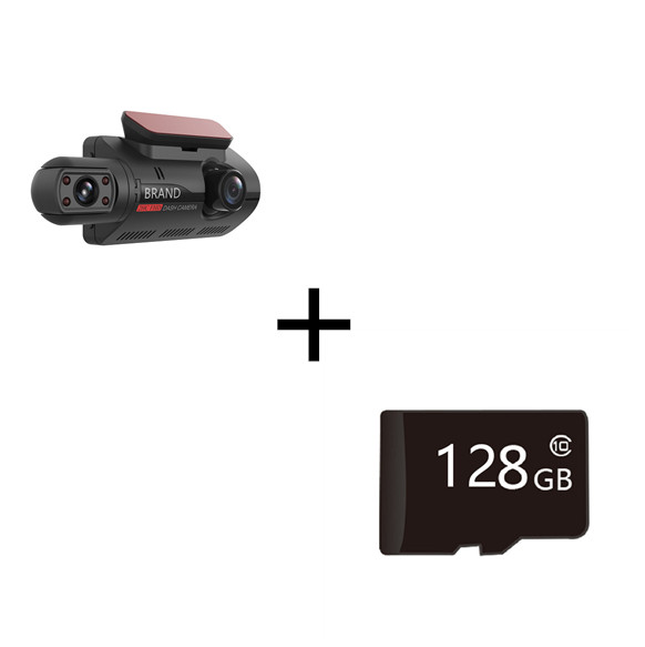 Car dashboard camera and 128GB microSD card on a white background