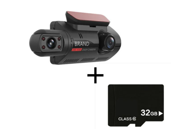 Car dashboard camera with a 32GB microSD card on a white background
