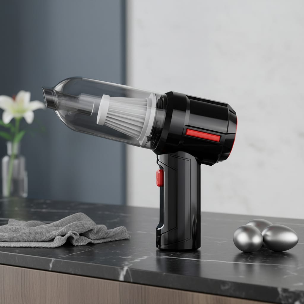 Handheld vacuum cleaner on a kitchen counter with a neutral background