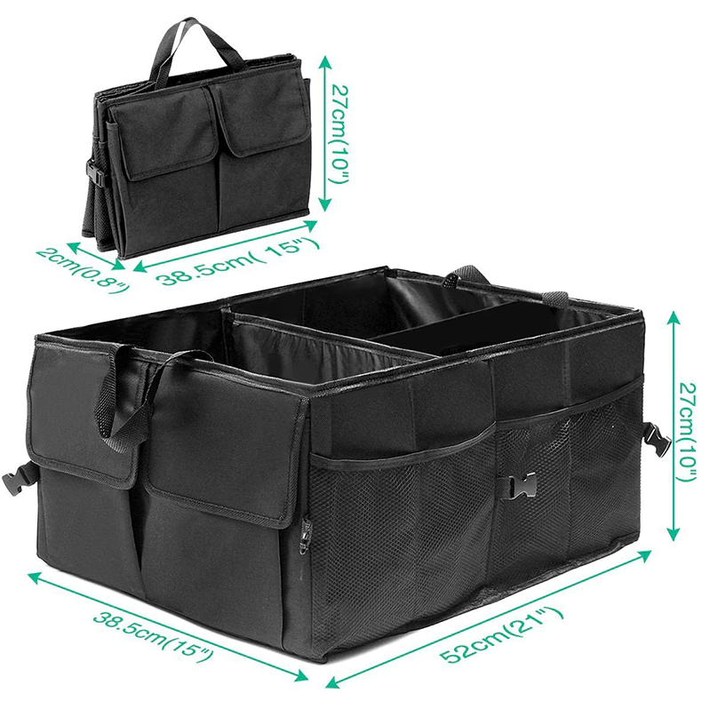 Black car trunk organizer with dimensions on a white background