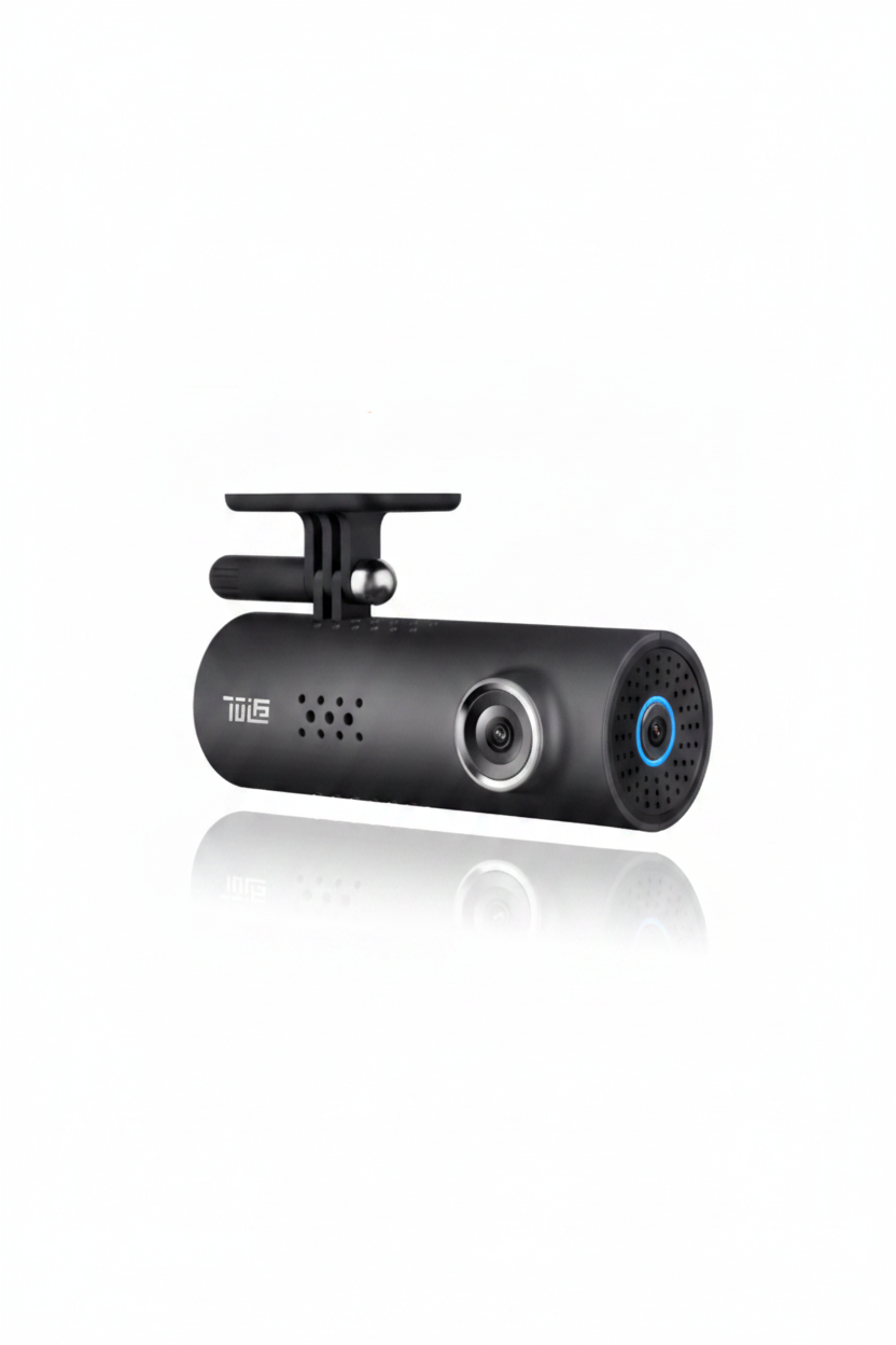 Black car dashboard camera on a white background
