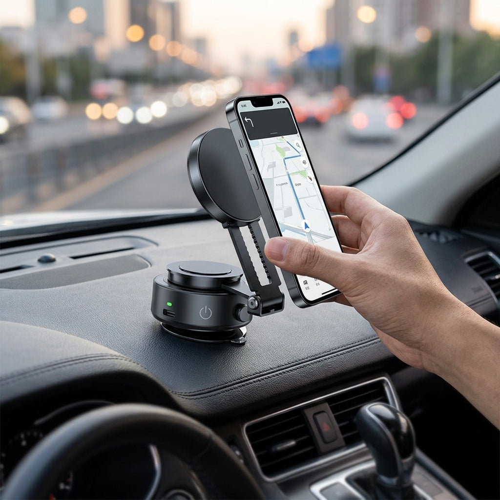 Person using a smartphone with a car mount on a dashboard, city street in the background