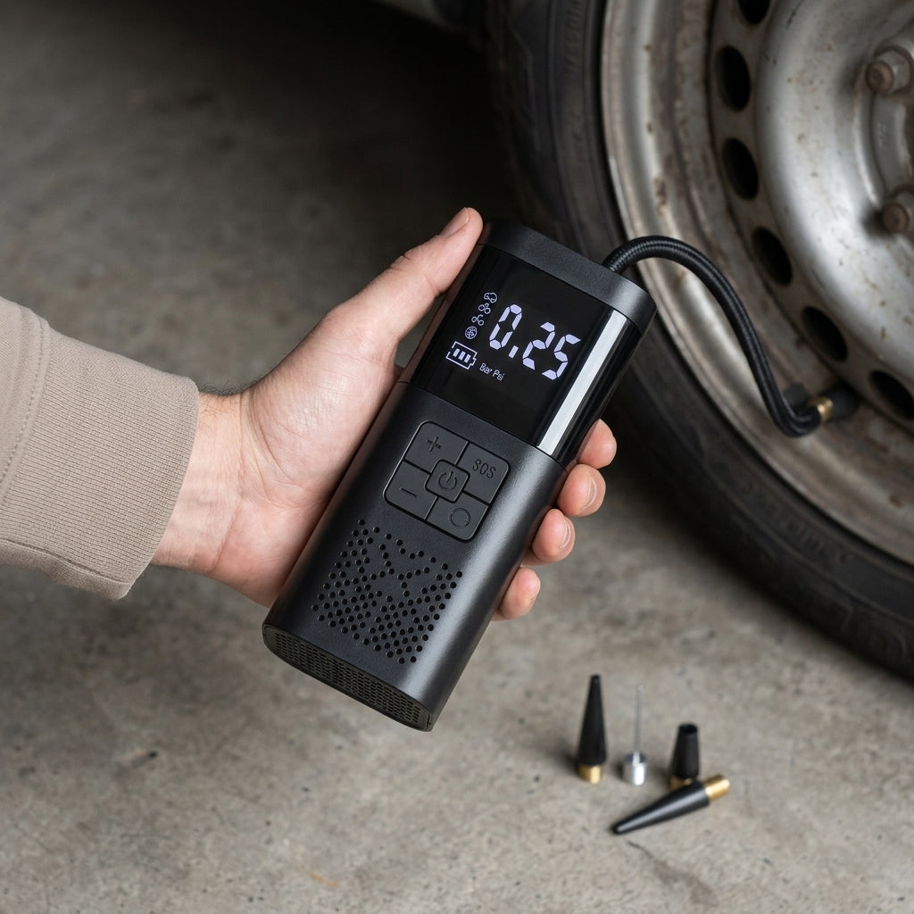 Hand holding a digital tire pressure gauge next to a car tire on a concrete floor.
