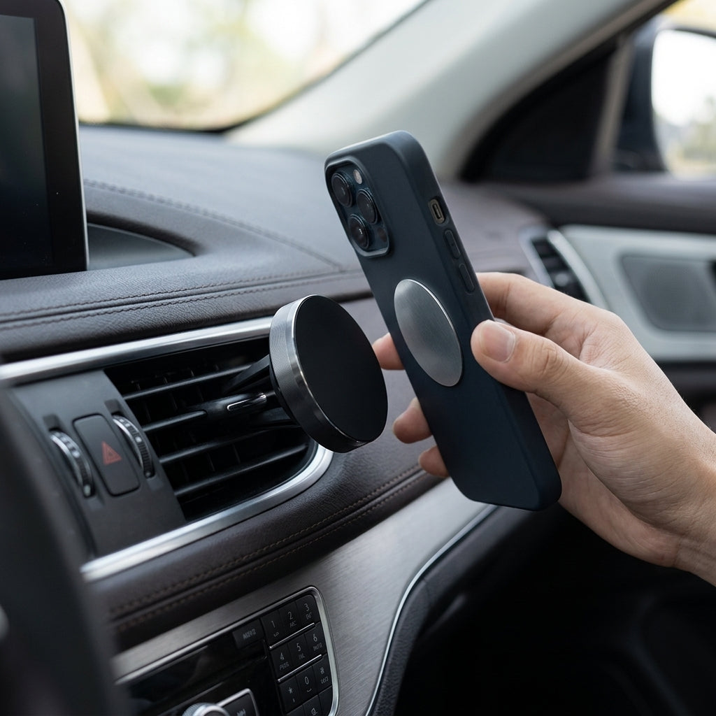 Person holding a phone with a magnetic car mount in a car.