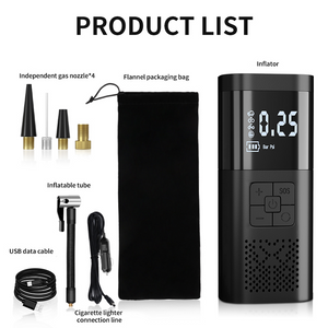 Black inflatable device with digital display and various components on a white background