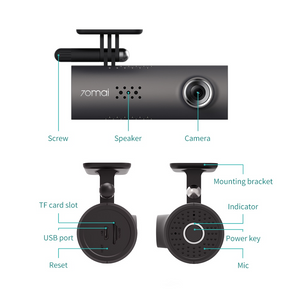 Car dashboard camera with labeled parts on a white background